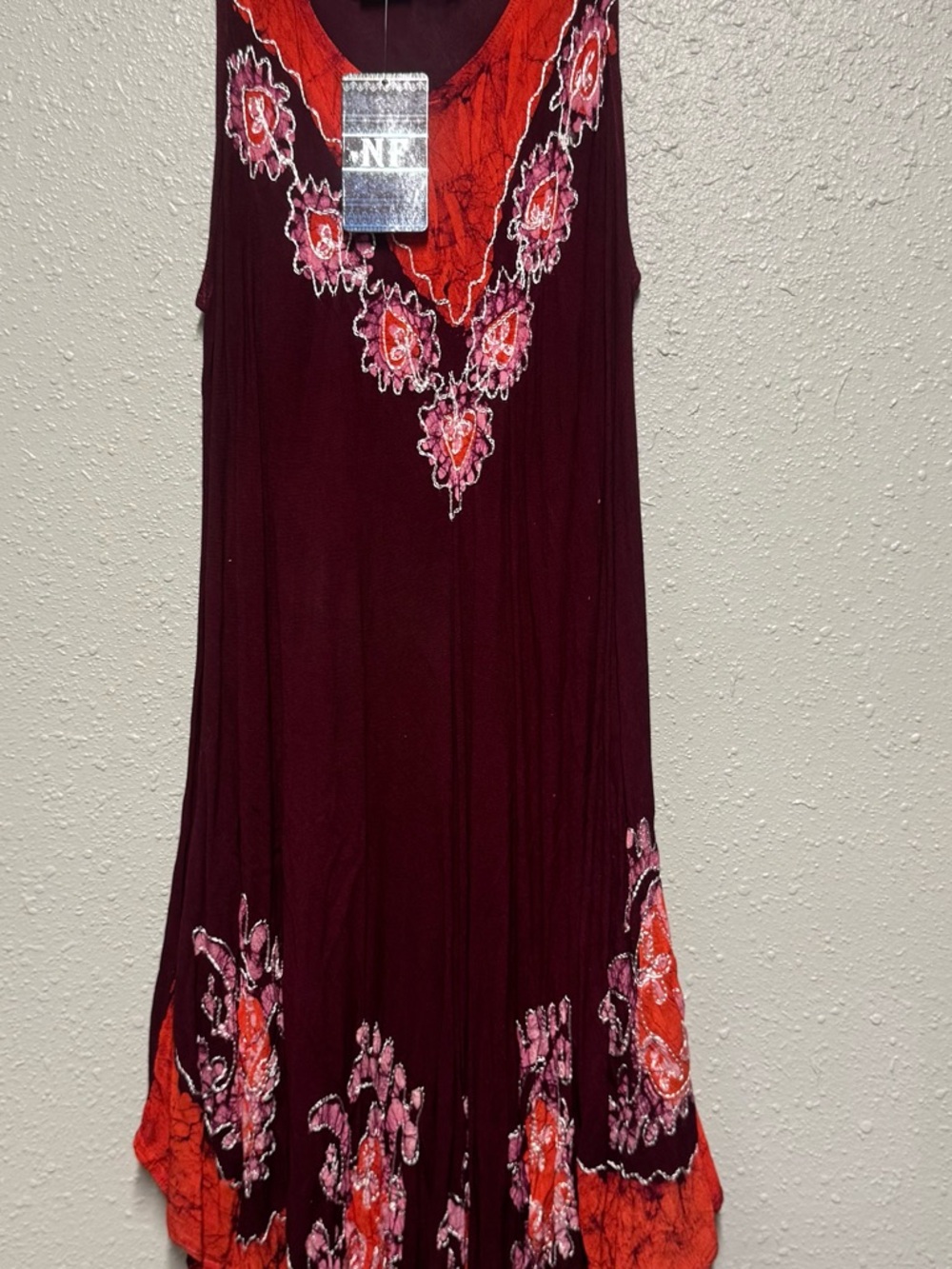 Sleeveless Embroidered V-Neck Tunic in Burgundy with Pink & Orange Accents